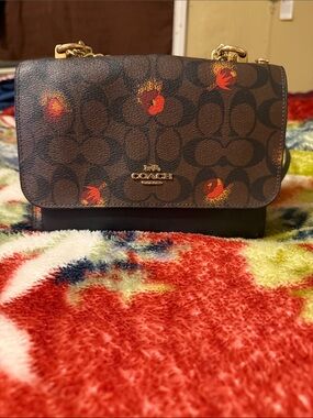 Coach Brown Signature Crossbody with Red Floral Accents